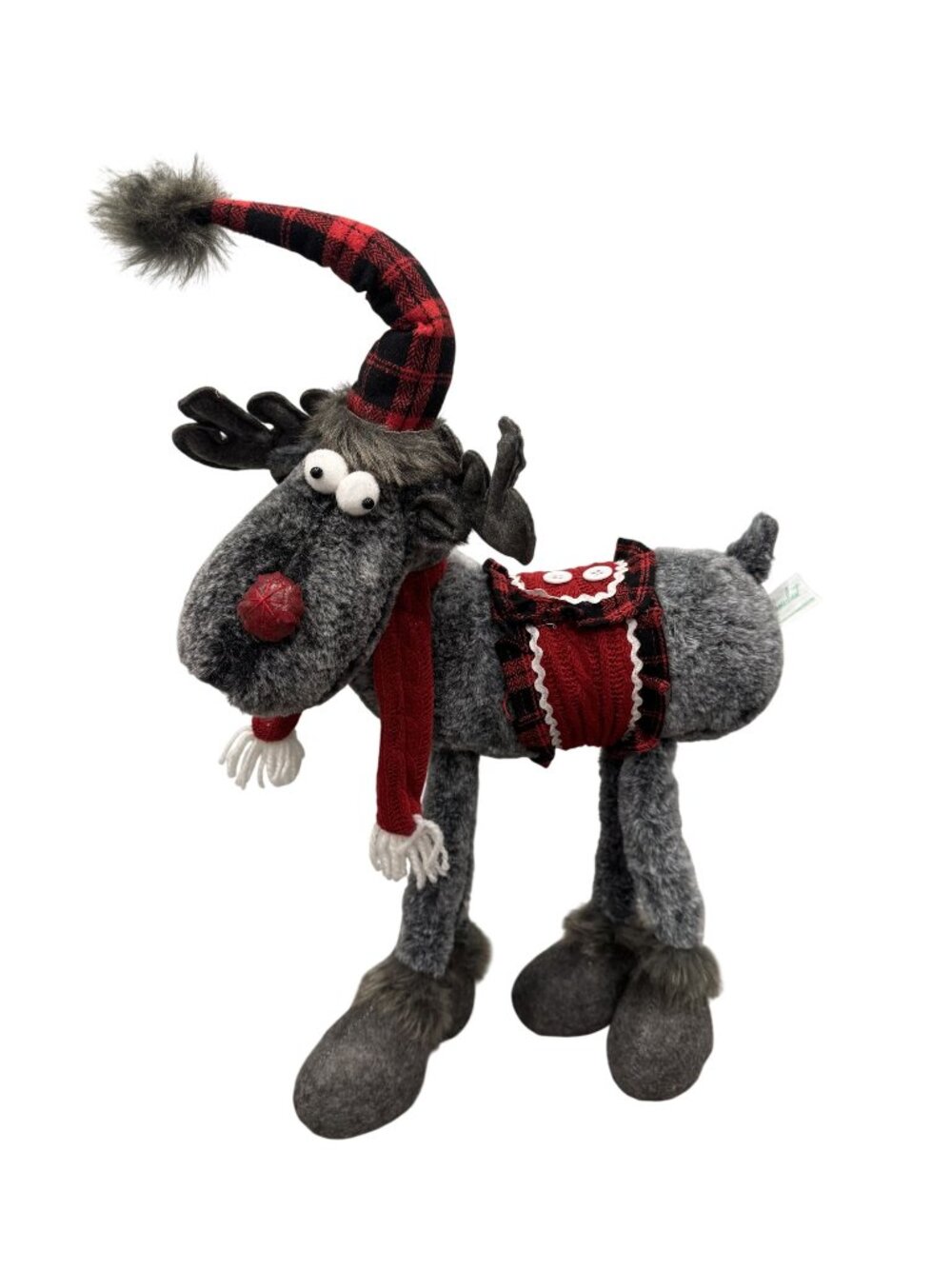 Rustic Lanky Free Standing Plush 20” Christmas Moose Gray with Hat & Scarf